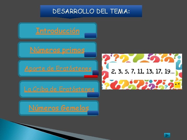DESARROLLO DEL TEMA: Introducción Números primos Aporte de Eratóstenes La Criba de Eratóstenes Números DESARROLLO DEL TEMA: Introducción Números primos Aporte de Eratóstenes La Criba de Eratóstenes Números