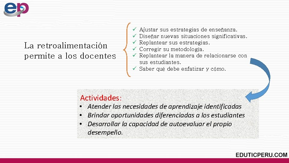La retroalimentación permite a los docentes Actividades: ü ü ü Ajustar sus estrategias de La retroalimentación permite a los docentes Actividades: ü ü ü Ajustar sus estrategias de