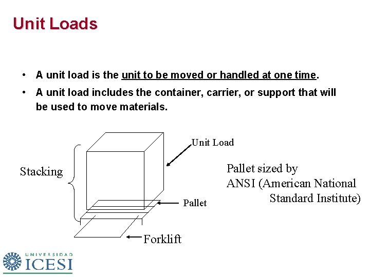 Unit Loads • A unit load is the unit to be moved or handled