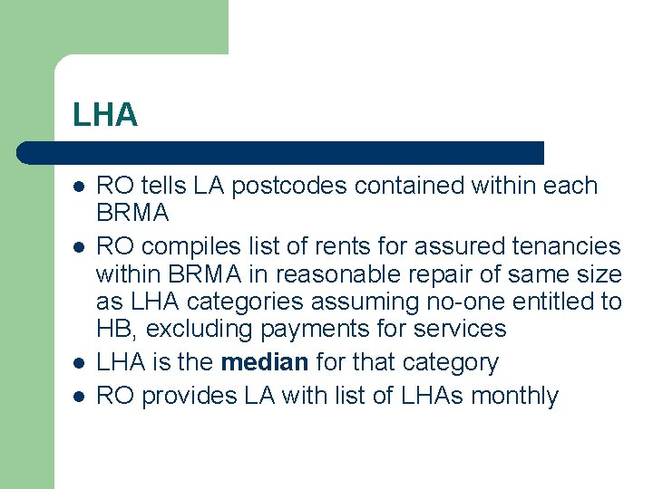 LHA l l RO tells LA postcodes contained within each BRMA RO compiles list