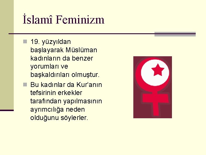 İslamî Feminizm n 19. yüzyıldan başlayarak Müslüman kadınların da benzer yorumları ve başkaldırıları olmuştur.