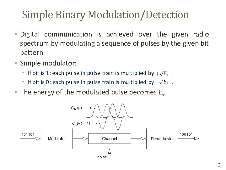 Simple Binary Modulation/Detection • Digital communication is achieved over the given radio spectrum by