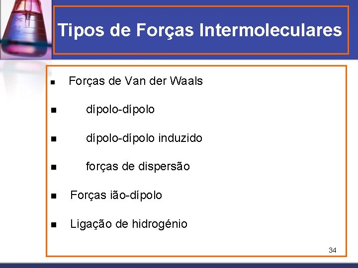Tipos de Forças Intermoleculares n Forças de Van der Waals n dípolo-dípolo induzido n