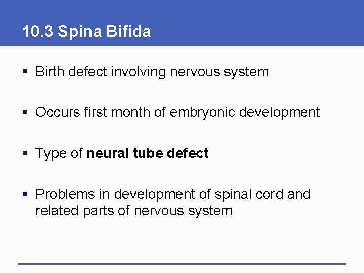 10. 3 Spina Bifida § Birth defect involving nervous system § Occurs first month
