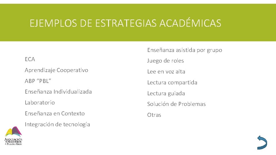 EJEMPLOS DE ESTRATEGIAS ACADÉMICAS Enseñanza asistida por grupo ECA Juego de roles Aprendizaje Cooperativo
