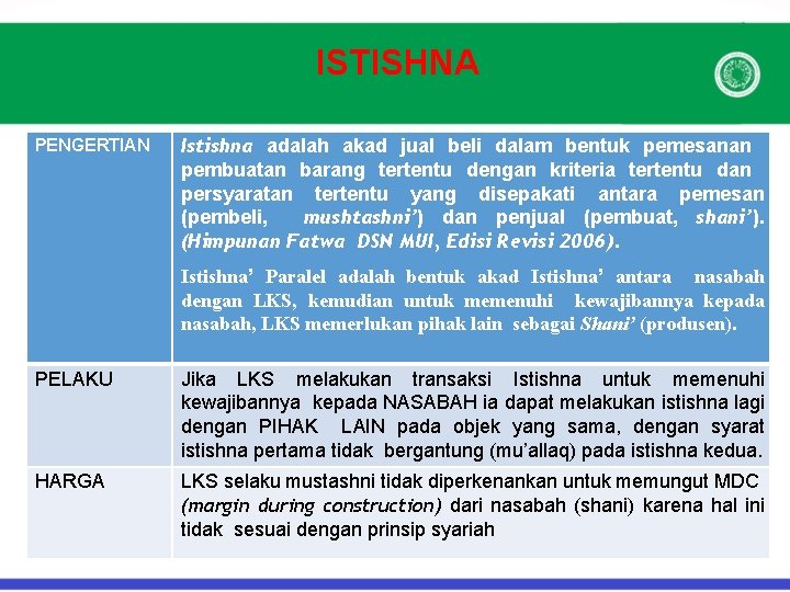 ISTISHNA PENGERTIAN Istishna adalah akad jual beli dalam bentuk pemesanan pembuatan barang tertentu dengan