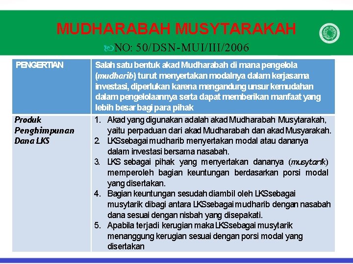 MUDHARABAH MUSYTARAKAH NO: 50/DSN-MUI/III/2006 PENGERTIAN Produk Penghimpunan Dana LKS Salah satu bentuk akad Mudharabah