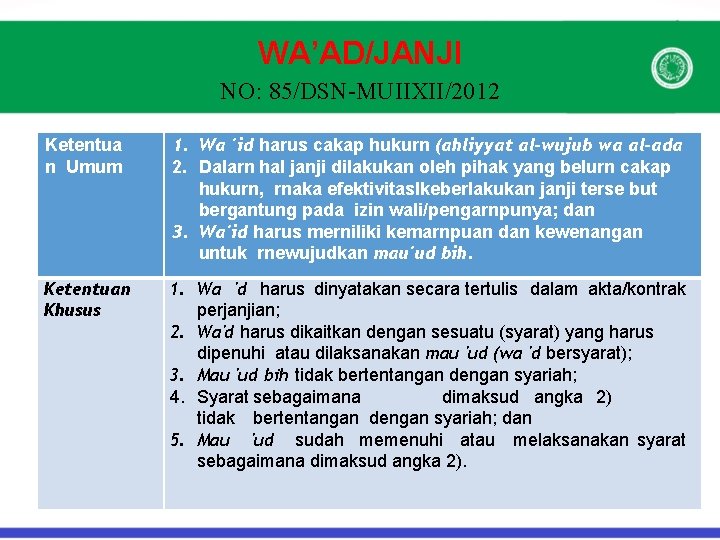 WA’AD/JANJI NO: 85/DSN-MUIIXII/2012 Ketentua n Umum 1. Wa 'id harus cakap hukurn (ahliyyat al-wujub