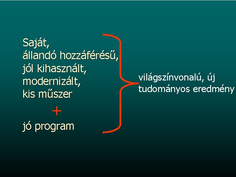 Saját, állandó hozzáférésű, jól kihasznált, modernizált, kis műszer + jó program világszínvonalú, új tudományos