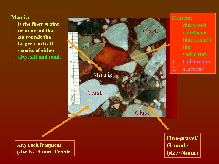 Matrix: is the finer grains or material that surrounds the larger clasts. It consist