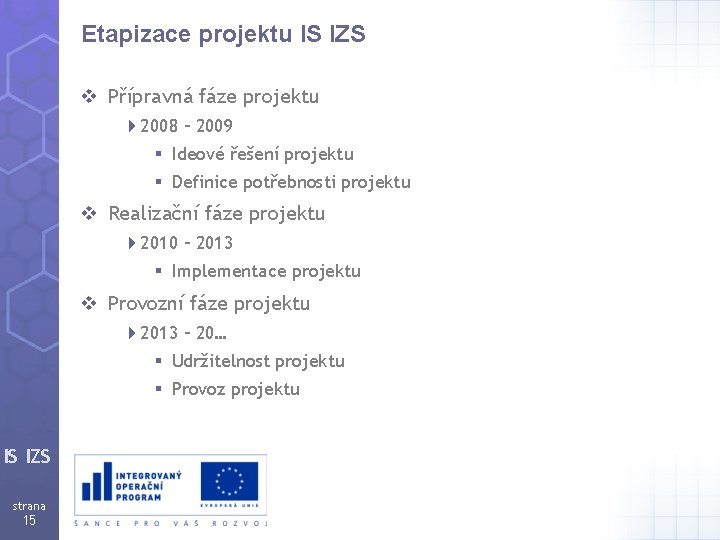 Etapizace projektu IS IZS v Přípravná fáze projektu 42008 – 2009 § Ideové řešení