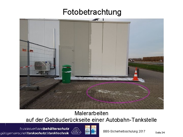 Fotobetrachtung Malerarbeiten auf der Gebäuderückseite einer Autobahn-Tankstelle BBS-Sicherheitsschulung 2017 Seite 34 