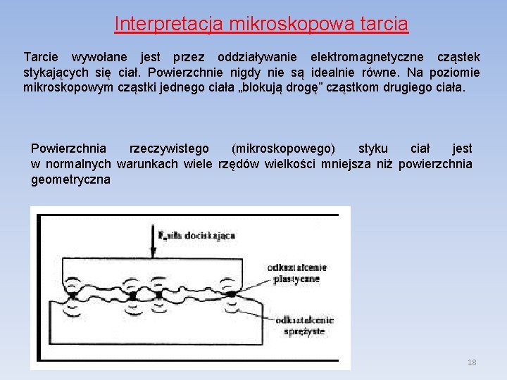 Interpretacja mikroskopowa tarcia Tarcie wywołane jest przez oddziaływanie elektromagnetyczne cząstek stykających się ciał. Powierzchnie