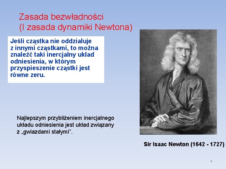 Zasada bezwładności (I zasada dynamiki Newtona) Jeśli cząstka nie oddziałuje z innymi cząstkami, to