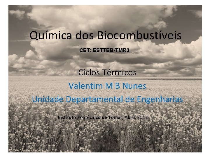 Química dos Biocombustíveis CET: ESTTEB-TMR 3 Ciclos Térmicos Valentim M B Nunes Unidade Departamental