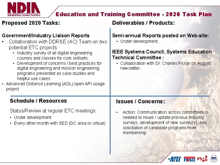 Education and Training Committee - 2020 Task Plan Proposed 2020 Tasks: Deliverables / Products: