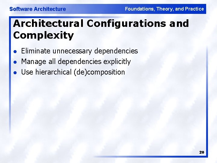 Software Architecture Foundations, Theory, and Practice Architectural Configurations and Complexity l l l Eliminate