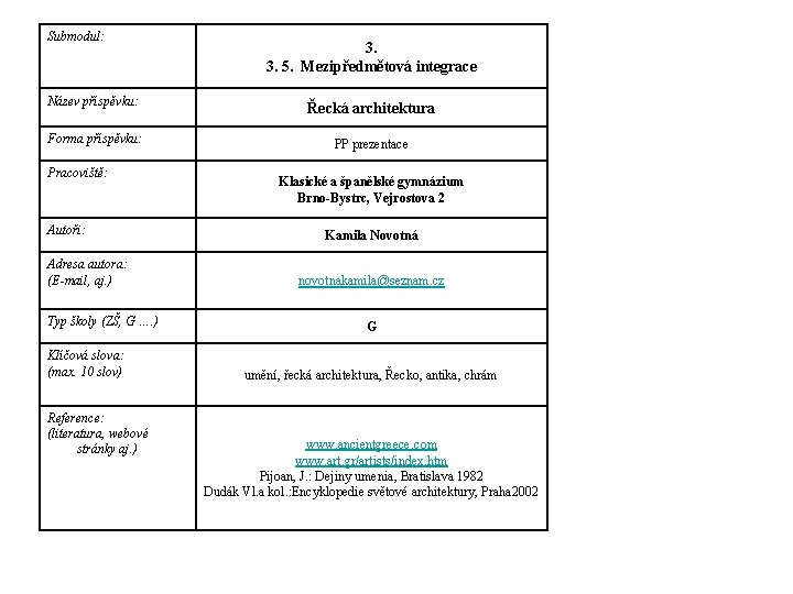 Submodul: 3. 3. 5. Mezipředmětová integrace Název příspěvku: Řecká architektura Forma příspěvku: PP prezentace