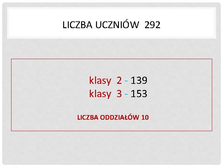 LICZBA UCZNIÓW 292 klasy 2 - 139 klasy 3 - 153 LICZBA ODDZIAŁÓW 10