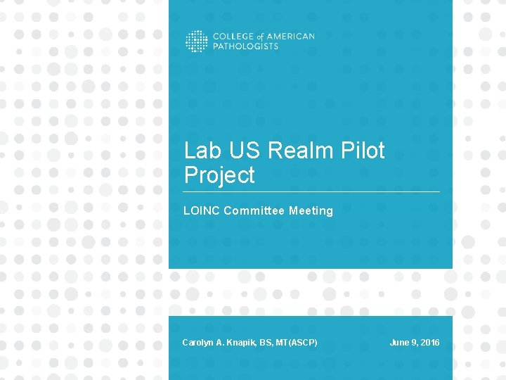 Lab US Realm Pilot Project LOINC Committee Meeting Carolyn A. Knapik, BS, MT(ASCP) June
