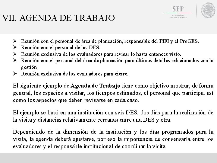 VII. AGENDA DE TRABAJO Ø Ø Reunión con el personal de área de planeación,