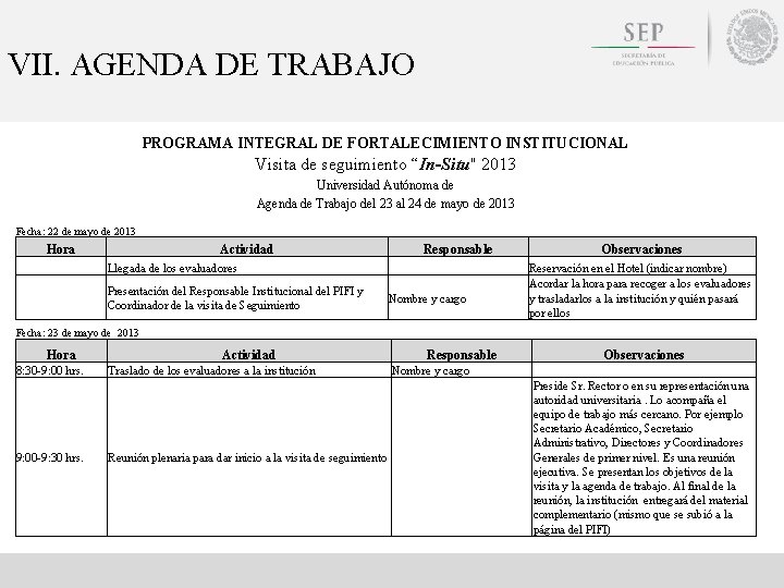 VII. AGENDA DE TRABAJO PROGRAMA INTEGRAL DE FORTALECIMIENTO INSTITUCIONAL Visita de seguimiento “In-Situ" 2013