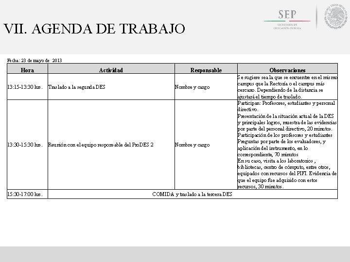 VII. AGENDA DE TRABAJO Fecha: 23 de mayo de 2013 Hora Actividad Responsable 13: