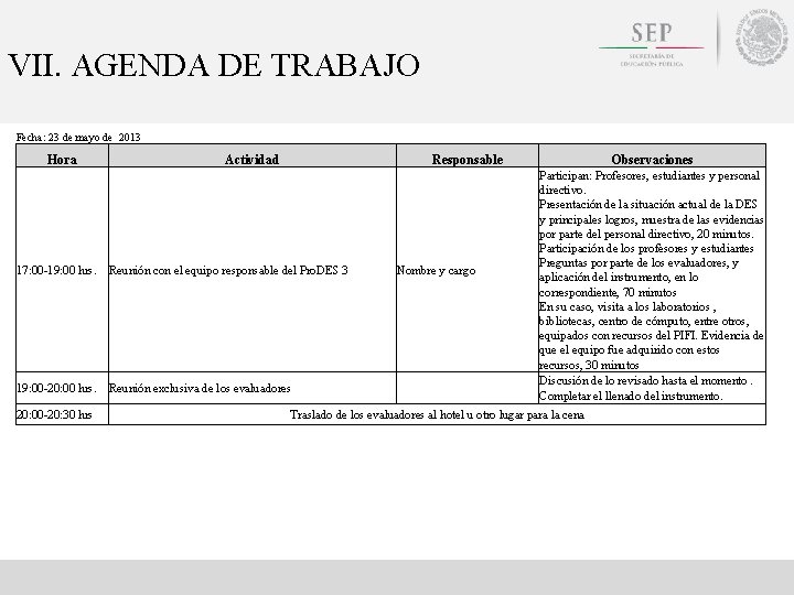 VII. AGENDA DE TRABAJO Fecha: 23 de mayo de 2013 Hora Actividad Responsable 17: