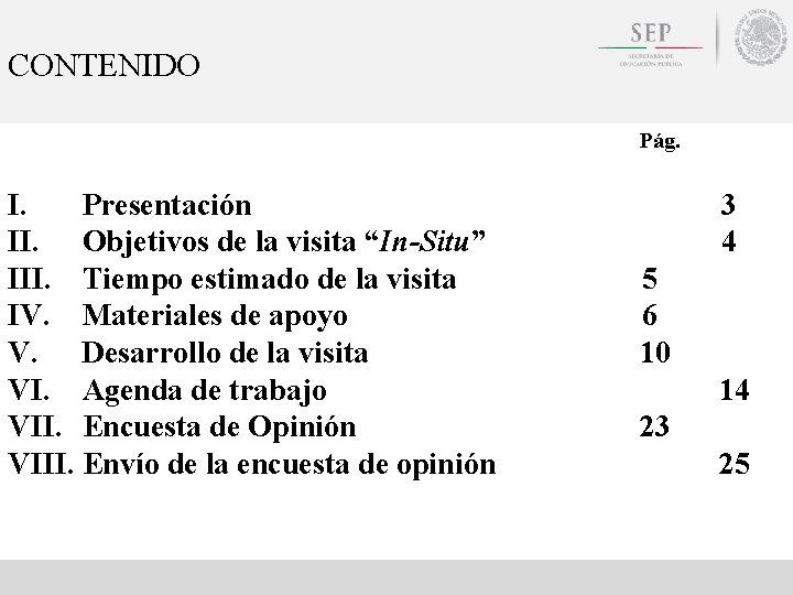 CONTENIDO Pág. I. Presentación II. Objetivos de la visita “In-Situ” III. Tiempo estimado de