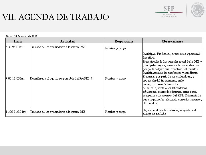 VII. AGENDA DE TRABAJO Fecha: 24 de mayo de 2013 Hora 8: 30 -9: