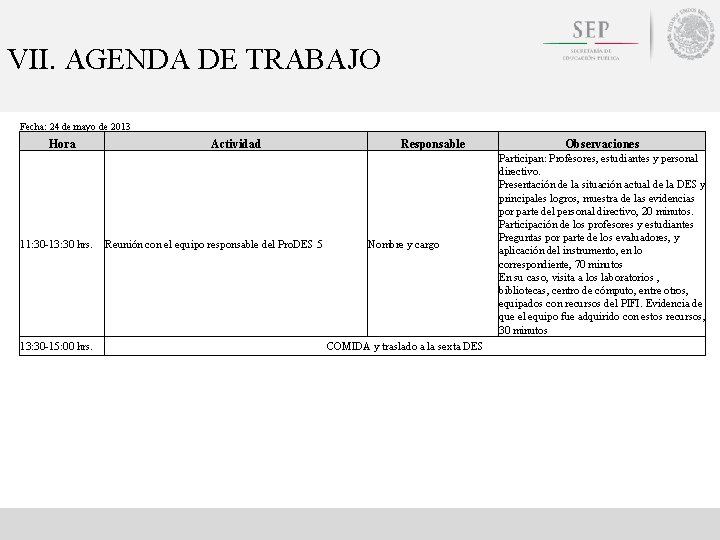 VII. AGENDA DE TRABAJO Fecha: 24 de mayo de 2013 Hora 11: 30 -13: