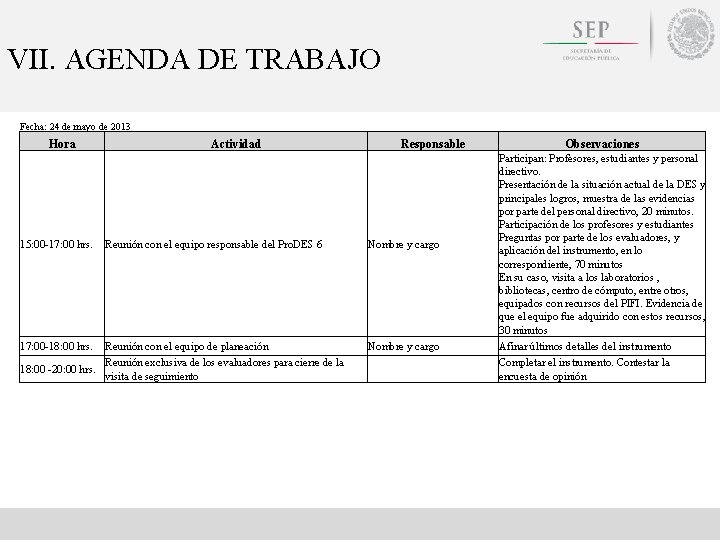 VII. AGENDA DE TRABAJO Fecha: 24 de mayo de 2013 Hora 15: 00 -17: