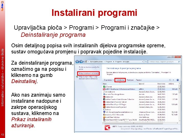 Instalirani programi Informatika i računalstvo – strukovne škole Upravljačka ploča > Programi i značajke