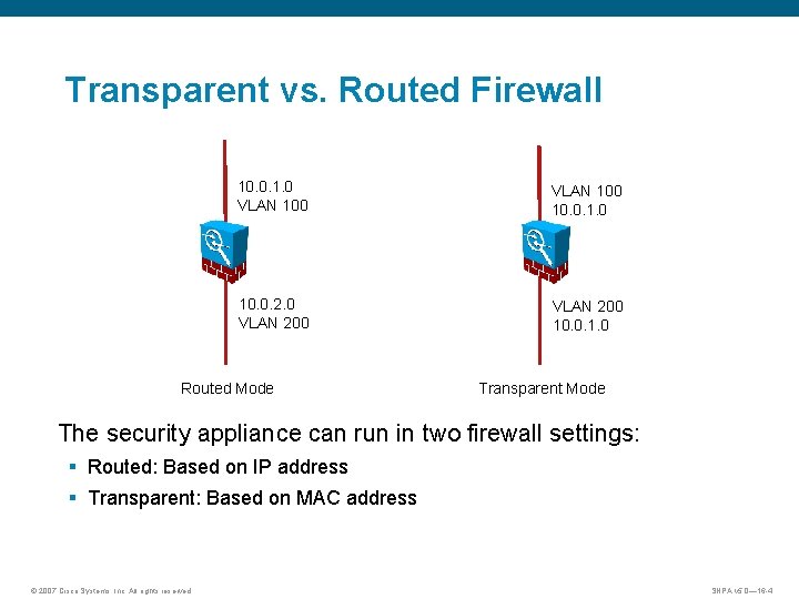 Transparent vs. Routed Firewall 10. 0. 1. 0 VLAN 100 10. 0. 1. 0