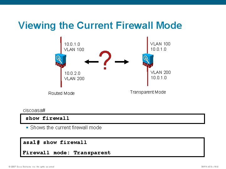 Viewing the Current Firewall Mode 10. 0. 1. 0 VLAN 100 10. 0. 2.