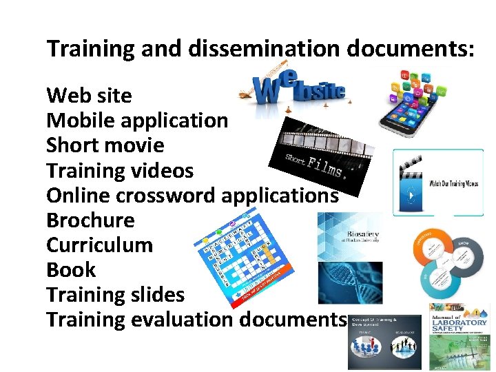 Training and dissemination documents: Web site Mobile application Short movie Training videos Online crossword