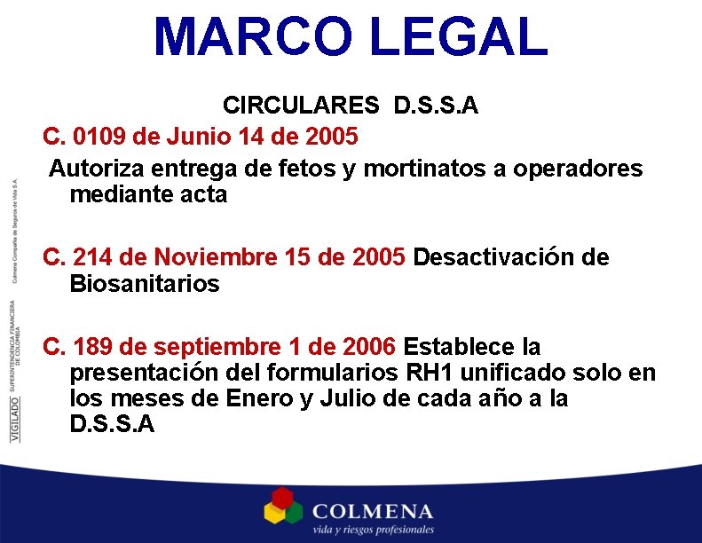 MARCO LEGAL CIRCULARES D. S. S. A C. 0109 de Junio 14 de 2005 MARCO LEGAL CIRCULARES D. S. S. A C. 0109 de Junio 14 de 2005