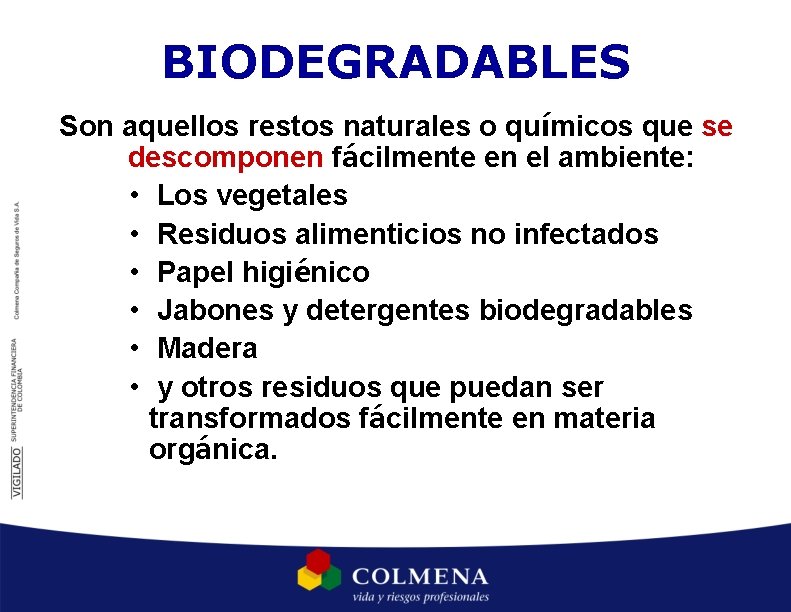 BIODEGRADABLES Son aquellos restos naturales o químicos que se descomponen fácilmente en el ambiente: BIODEGRADABLES Son aquellos restos naturales o químicos que se descomponen fácilmente en el ambiente: