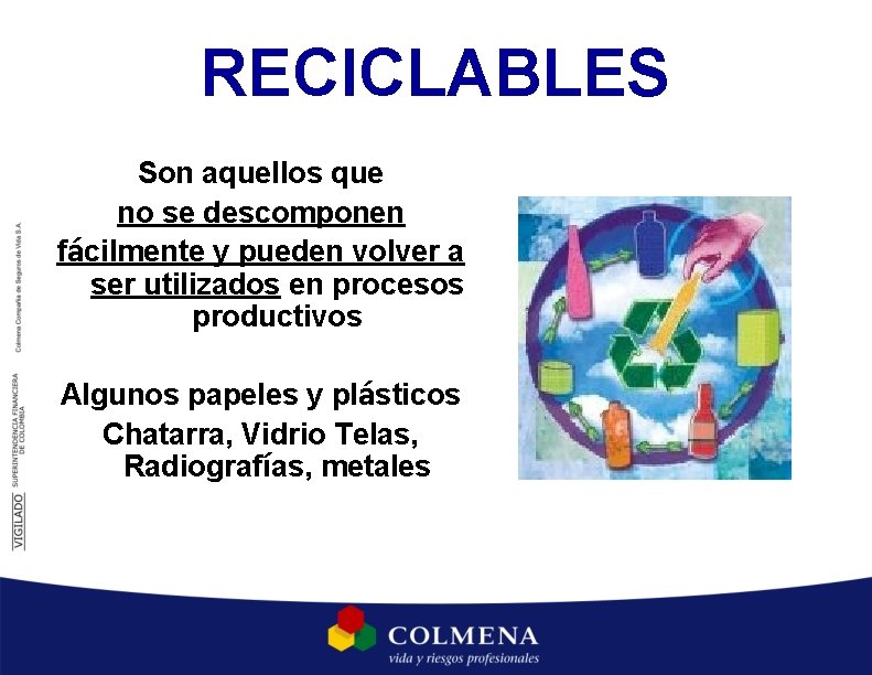 RECICLABLES Son aquellos que no se descomponen fácilmente y pueden volver a ser utilizados RECICLABLES Son aquellos que no se descomponen fácilmente y pueden volver a ser utilizados