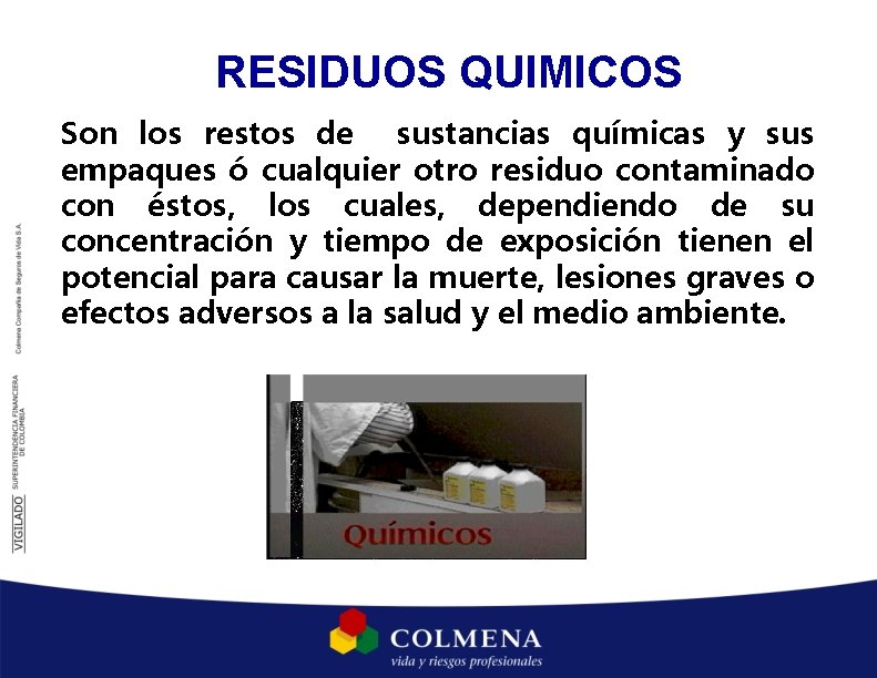 RESIDUOS QUIMICOS Son los restos de sustancias químicas y sus empaques ó cualquier otro RESIDUOS QUIMICOS Son los restos de sustancias químicas y sus empaques ó cualquier otro