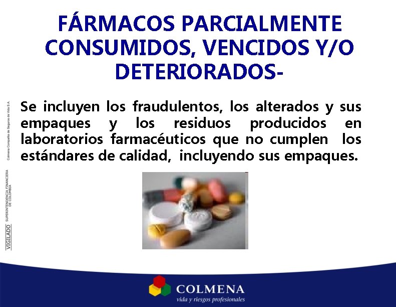 FÁRMACOS PARCIALMENTE CONSUMIDOS, VENCIDOS Y/O DETERIORADOSSe incluyen los fraudulentos, los alterados y sus empaques FÁRMACOS PARCIALMENTE CONSUMIDOS, VENCIDOS Y/O DETERIORADOSSe incluyen los fraudulentos, los alterados y sus empaques
