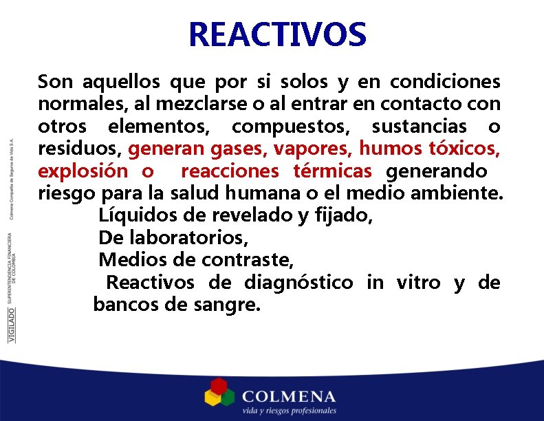 REACTIVOS Son aquellos que por si solos y en condiciones normales, al mezclarse o REACTIVOS Son aquellos que por si solos y en condiciones normales, al mezclarse o