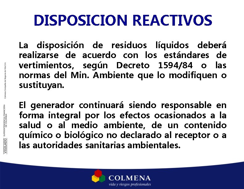 DISPOSICION REACTIVOS La disposición de residuos líquidos deberá realizarse de acuerdo con los estándares DISPOSICION REACTIVOS La disposición de residuos líquidos deberá realizarse de acuerdo con los estándares