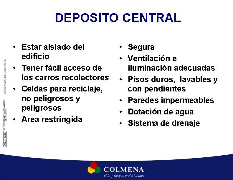 DEPOSITO CENTRAL • Estar aislado del edificio • Tener fácil acceso de los carros DEPOSITO CENTRAL • Estar aislado del edificio • Tener fácil acceso de los carros