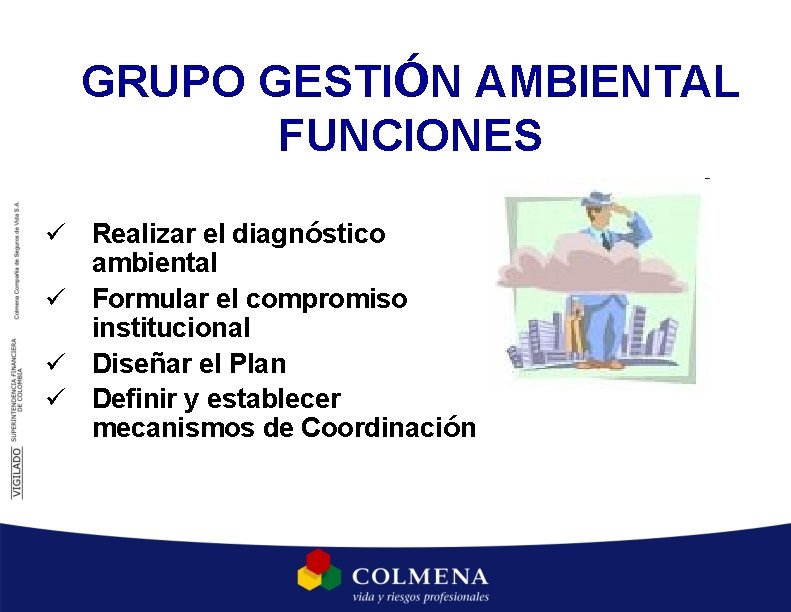 GRUPO GESTIÓN AMBIENTAL FUNCIONES ü Realizar el diagnóstico ambiental ü Formular el compromiso institucional GRUPO GESTIÓN AMBIENTAL FUNCIONES ü Realizar el diagnóstico ambiental ü Formular el compromiso institucional