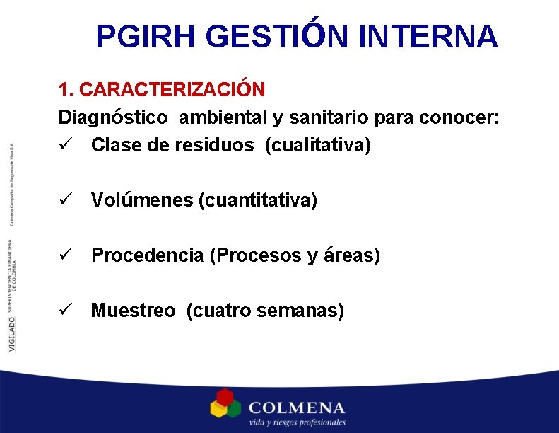 PGIRH GESTIÓN INTERNA 1. CARACTERIZACIÓN Diagnóstico ambiental y sanitario para conocer: ü Clase de PGIRH GESTIÓN INTERNA 1. CARACTERIZACIÓN Diagnóstico ambiental y sanitario para conocer: ü Clase de
