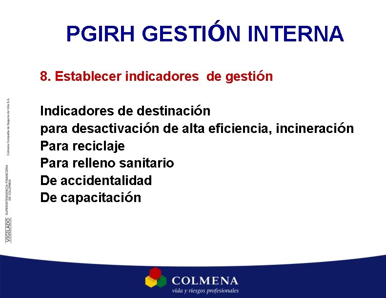 PGIRH GESTIÓN INTERNA 8. Establecer indicadores de gestión Indicadores de destinación para desactivación de PGIRH GESTIÓN INTERNA 8. Establecer indicadores de gestión Indicadores de destinación para desactivación de