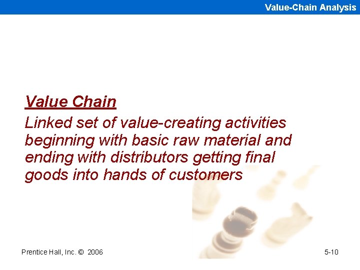 Value-Chain Analysis Value Chain Linked set of value-creating activities beginning with basic raw material