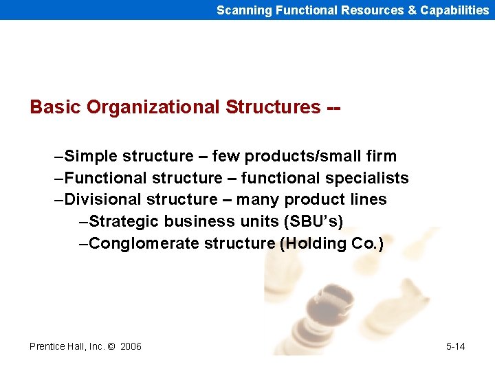 Scanning Functional Resources & Capabilities Basic Organizational Structures -–Simple structure – few products/small firm