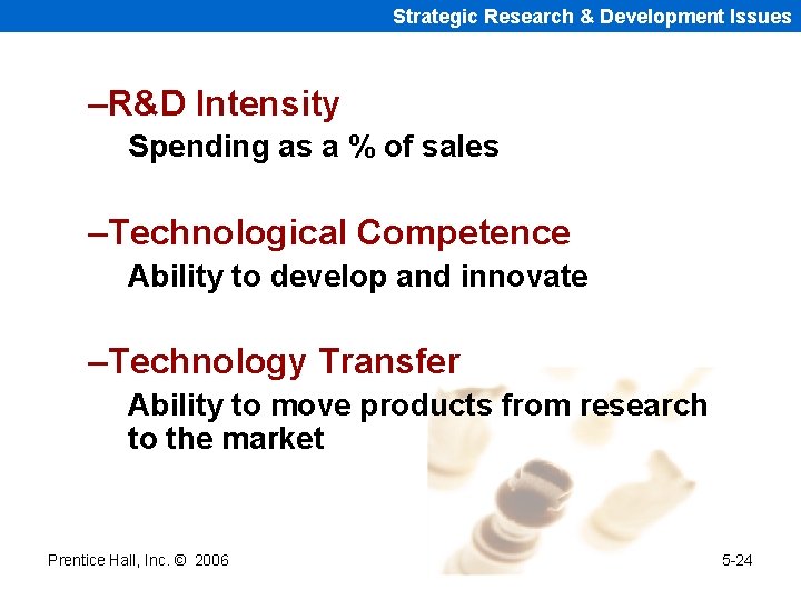 Strategic Research & Development Issues –R&D Intensity Spending as a % of sales –Technological